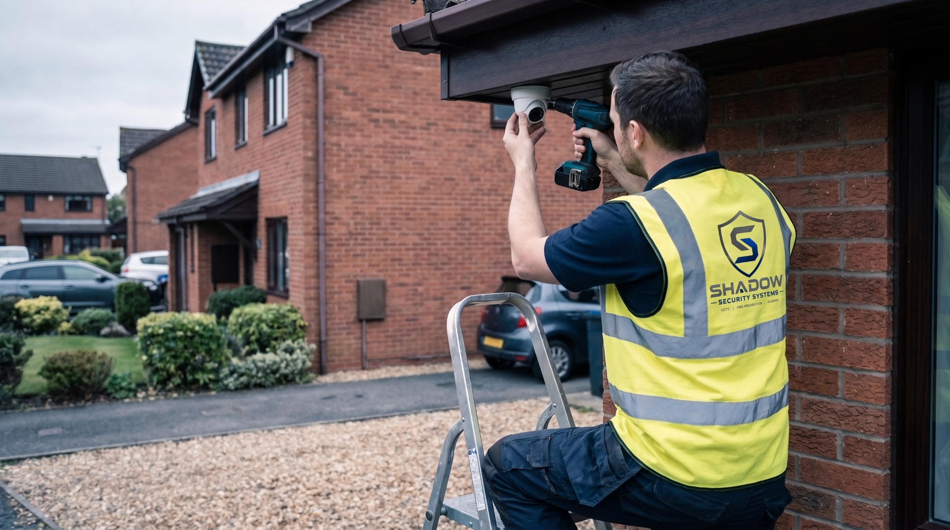Shadow Security engineer installing a CCTV camera on a property